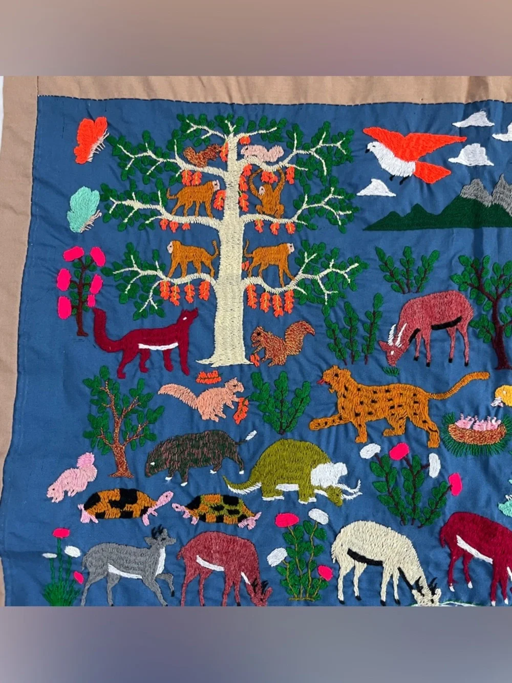 Vtg Hmong Thailand Story Cloth 36 x 38 Forest Jungle Animal Watering Hole Blue